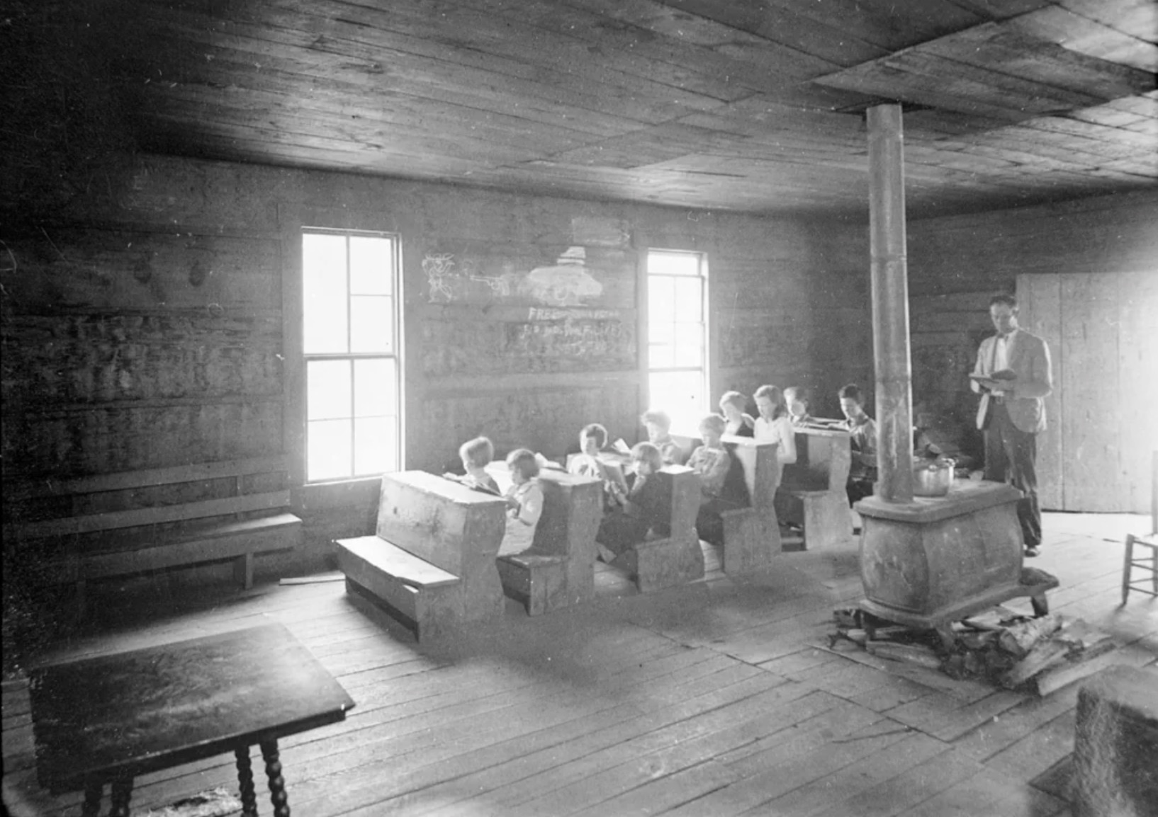 Students seated at their unique homemade desks in the Little Greenbrier School in the Smoky Mountains, Sevier County, Tennessee, 1935. 